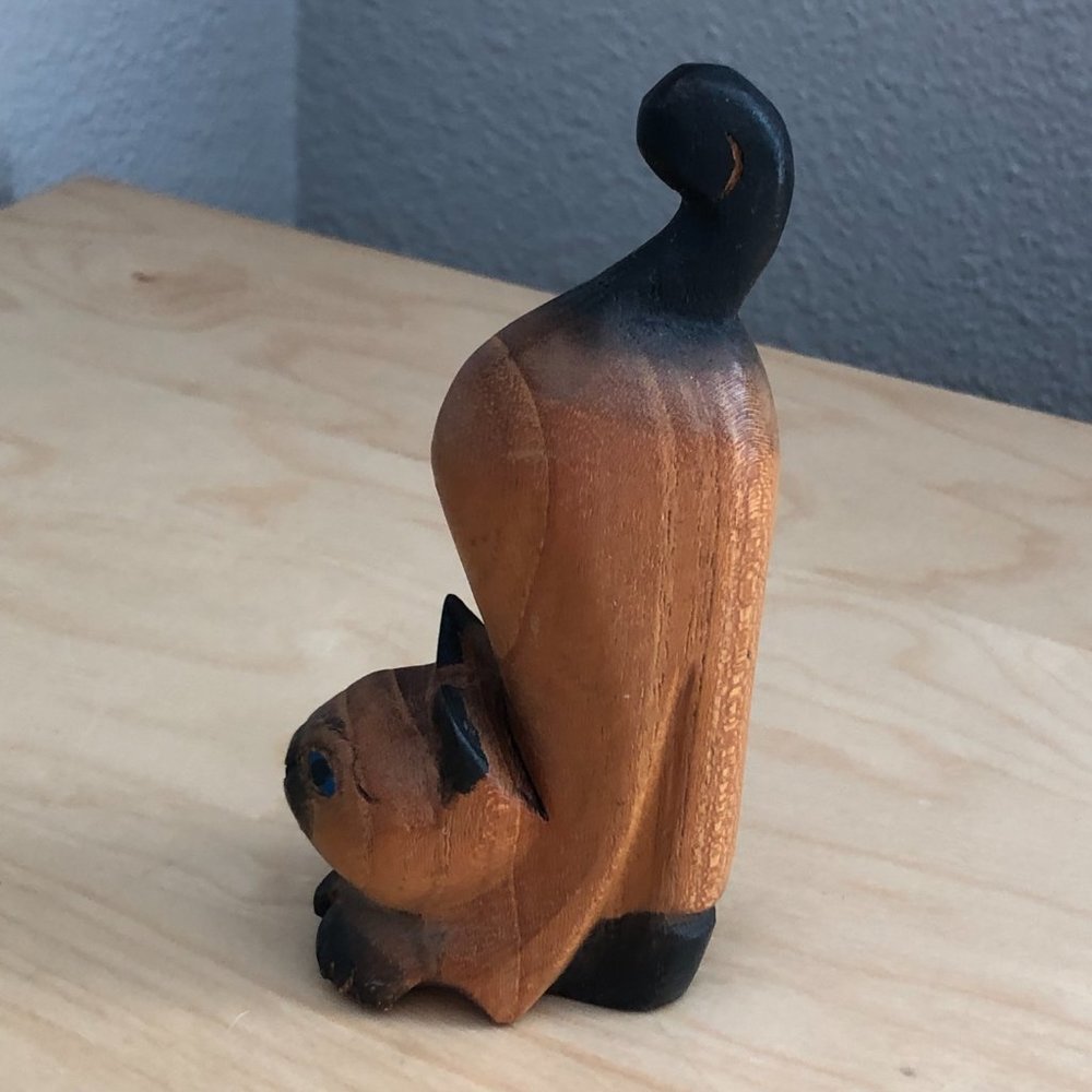 Hand Carved & Burnished Wooden Stretching Cat Tan & Brown 5"